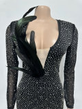 Sexy Beaded See-Through Mesh Patchwork V-Neck Feather Party Dress
