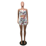 Summer Women's Sexy Slim Fit Butterfly Print Strapless Two Piece Shorts Set