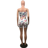 Summer Women's Sexy Slim Fit Butterfly Print Strapless Two Piece Shorts Set