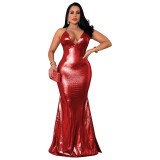 Women's Strap Sexy V-Neck Metallic Color Tight Fitting Party Maxi Dress