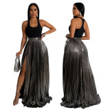 Women Solid High Waist Pleated Slit Skirt