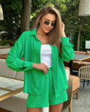 Spring and Spring Women's Solid Color Long-Sleeved Shirt Elastic Waist Loose Shorts Casual Two-Piece Set