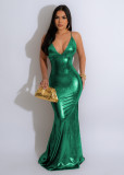 Women's Strap Sexy V-Neck Metallic Color Tight Fitting Party Maxi Dress
