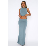 Women's Solid Color Round Neck Sleeveless Top and Long Skirt Two Piece Set