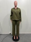 Women Solid Loose Pocket Hooded Drawstring Top and Pant Two-piece Set