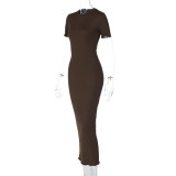 Women's Spring Fashion Round Neck Slimshort Sleeve Long Dress