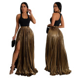 Women Solid High Waist Pleated Slit Skirt