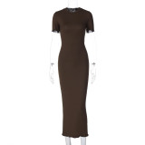 Women's Spring Fashion Round Neck Slimshort Sleeve Long Dress