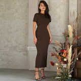Women's Spring Fashion Round Neck Slimshort Sleeve Long Dress