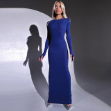 Women's Spring Fashion Solid Color Slim Fit Round Neck Long Sleeve Dress