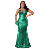 Women's Strap Sexy V-Neck Metallic Color Tight Fitting Party Maxi Dress