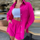Spring and Spring Women's Solid Color Long-Sleeved Shirt Elastic Waist Loose Shorts Casual Two-Piece Set