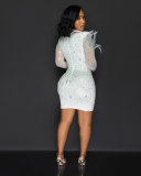 Sexy Beaded See-Through Mesh Patchwork V-Neck Feather Party Dress