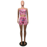 Summer Women's Sexy Slim Fit Butterfly Print Strapless Two Piece Shorts Set