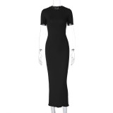 Women's Spring Fashion Round Neck Slimshort Sleeve Long Dress