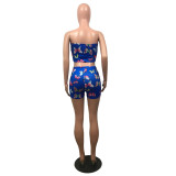 Summer Women's Sexy Slim Fit Butterfly Print Strapless Two Piece Shorts Set