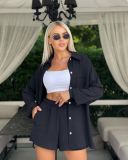Spring and Spring Women's Solid Color Long-Sleeved Shirt Elastic Waist Loose Shorts Casual Two-Piece Set