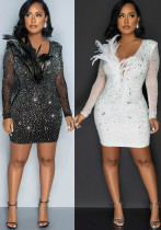Sexy Beaded See-Through Mesh Patchwork V-Neck Feather Party Dress Sexy Beaded See-Through Mesh Patchwork V-Neck Feather Party Dress