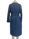 Women Sherpa Turndown Collar Strappy Double Pocket Denim Trench Coat