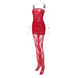Women's Sexy Hollow Lace See-Through Strapless Night Dress And Trousers Two-Piece Set