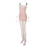 Women's Sexy Hollow Lace See-Through Strapless Night Dress And Trousers Two-Piece Set
