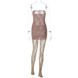 Women's Sexy Hollow Lace See-Through Strapless Night Dress And Trousers Two-Piece Set