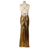 Women's Strap Sexy V-Neck Metallic Color Tight Fitting Party Maxi Dress