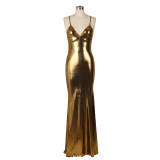 Women's Strap Sexy V-Neck Metallic Color Tight Fitting Party Maxi Dress