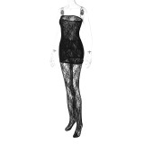 Women's Sexy Hollow Lace See-Through Strapless Night Dress And Trousers Two-Piece Set