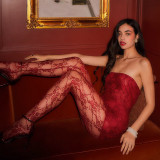 Women's Sexy Hollow Lace See-Through Strapless Night Dress And Trousers Two-Piece Set