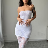 Women's Sexy Hollow Lace See-Through Strapless Night Dress And Trousers Two-Piece Set