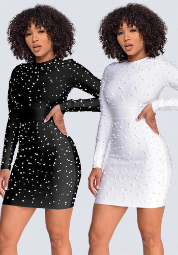 Women Solid Winter Beaded Long Sleeve Bodycon Dress