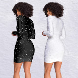 Women Solid Winter Beaded Long Sleeve Bodycon Dress