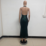 Women Sleeveless Halter Neck Sequined Mermaid Dress