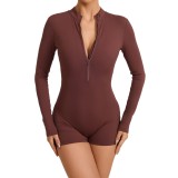 Women Half-Zip Long Sleeve Sports Jumpsuit Yoga Suit with Removable Chest Pad Fitness Jumpsuit