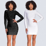 Women Solid Winter Beaded Long Sleeve Bodycon Dress