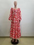 Women spring elegant slit printed u-neck dress
