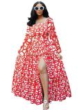 Women spring elegant slit printed u-neck dress