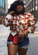 Women Flower Ribbed Long Sleeve Jacket Women Flower Ribbed Long Sleeve Jacket