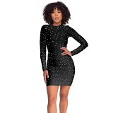 Women Solid Winter Beaded Long Sleeve Bodycon Dress