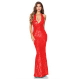 Women Sleeveless Halter Neck Sequined Mermaid Dress