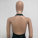 Women Sleeveless Halter Neck Sequined Mermaid Dress