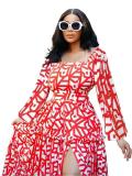 Women spring elegant slit printed u-neck dress