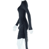 Women's Solid Color Round Neck Long Sleeve Lace Up Flower Bodycon Trendy Dress