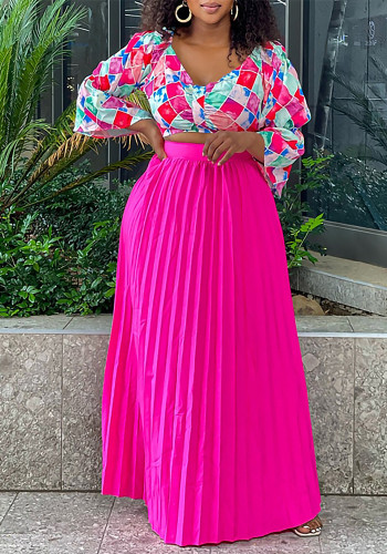 Women's Fashionable V Neck Printed Top Pleated Long Skirt African Two Piece Set