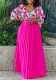 Women's Fashionable V Neck Printed Top Pleated Long Skirt African Two Piece Set