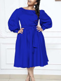 Women's Long Sleeve Round Neck Lace-Up Solid Color A-Line Dress