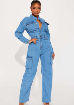 Spring Long Sleeve Pocket Washed Denim Cargo Jumpsuit Spring Long Sleeve Pocket Washed Denim Cargo Jumpsuit