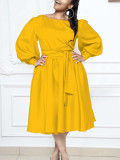 Women's Long Sleeve Round Neck Lace-Up Solid Color A-Line Dress