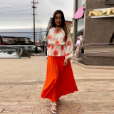 Chic Women's Long Sleeve Top High Waisted Pleated Skirt Two Piece Set